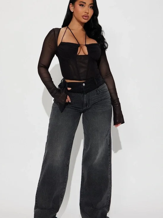 Fashion Nova Black Sheer Long-Sleeve Corset Crop Top - Picture 2 of 5